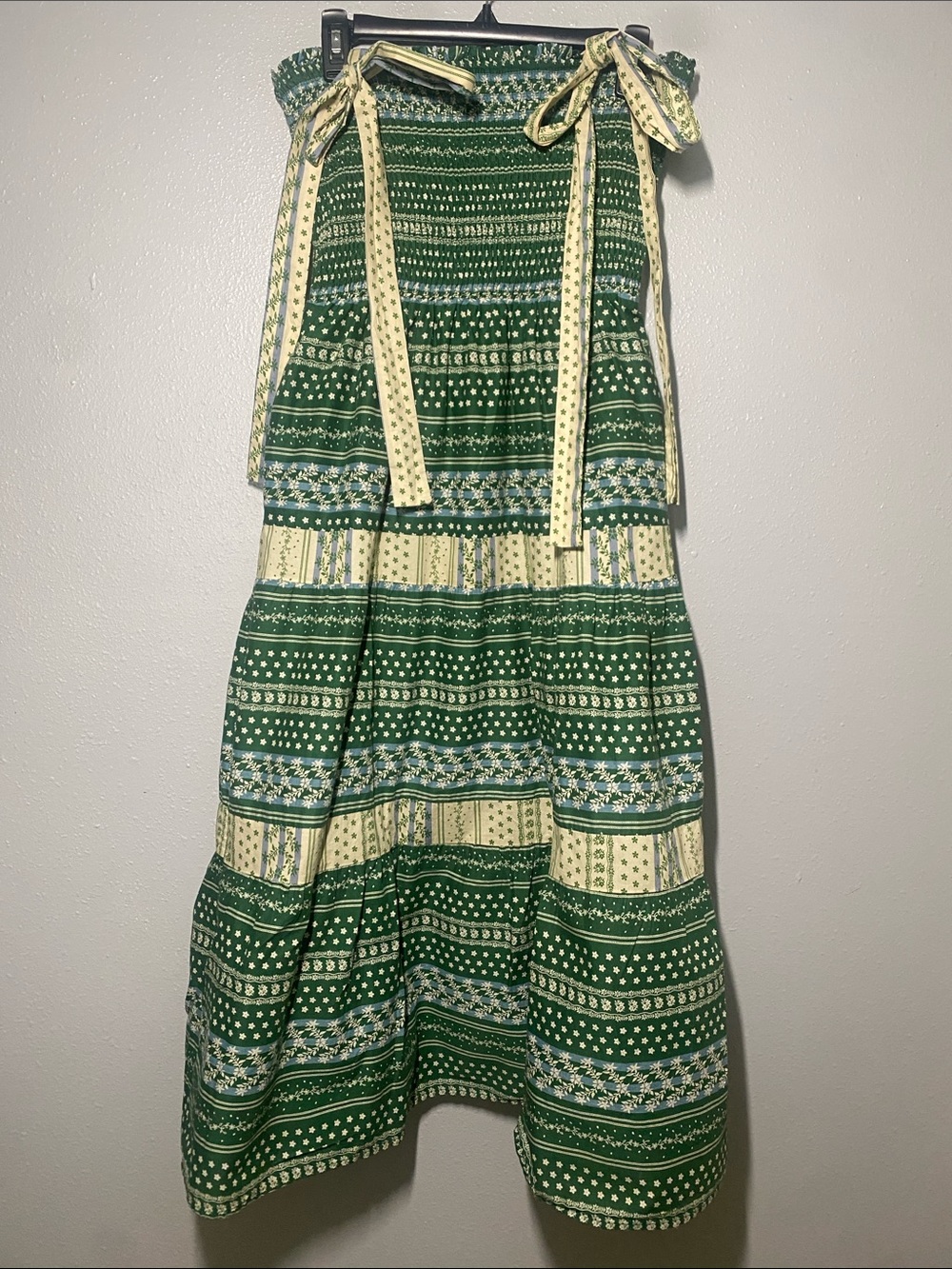 AUREUM Green & Cream Cotton Tiered Strap Dress